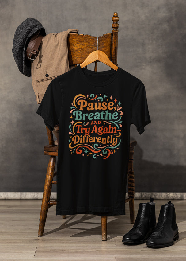 Pause & Breathe colorful retro T-shirt hanging on a wooden chair with pants, a hat, and boots styled around it.