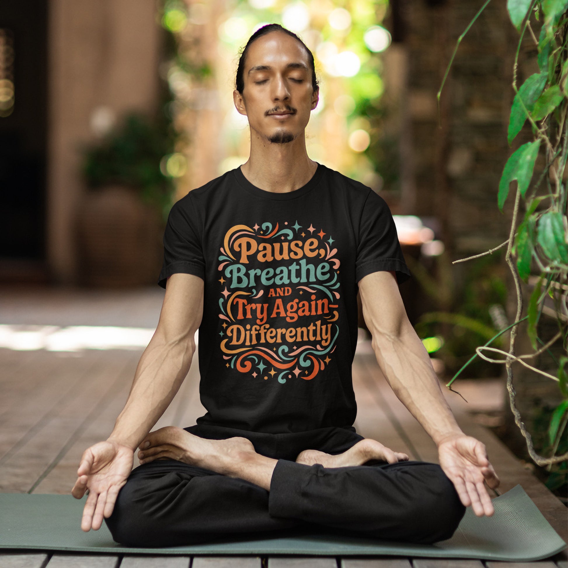 Model sitting cross-legged outdoors wearing the Pause & Breathe colorful retro T-shirt.