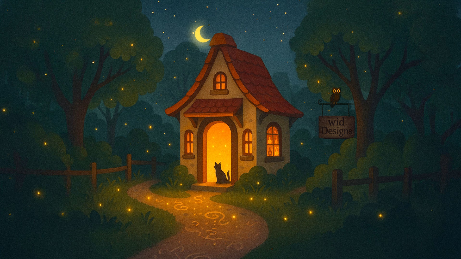 Night forest scene with a glowing cottage, a sign reading wid Designs, and Ramona the cat at the door, used as homepage hero banner.